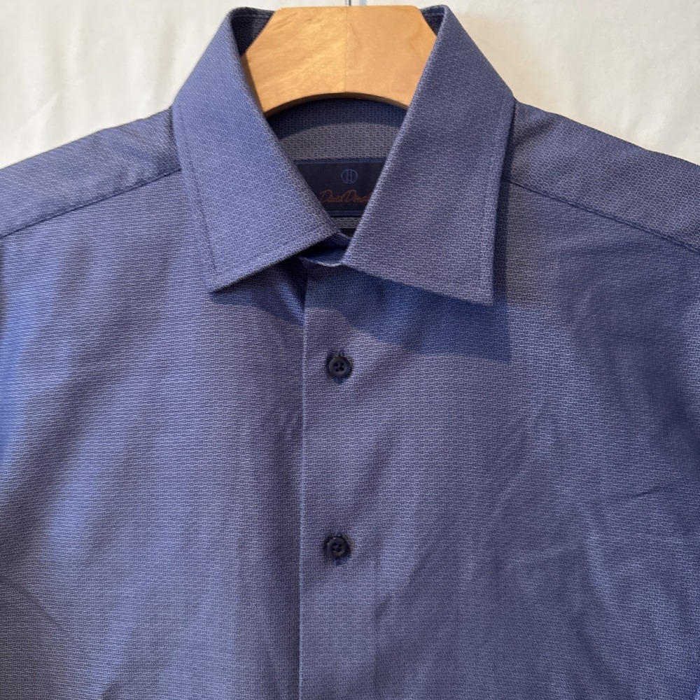 David Donahue Mens Blue Trim Micro Pattern Dress Shirt 15.5  32/33 Unique